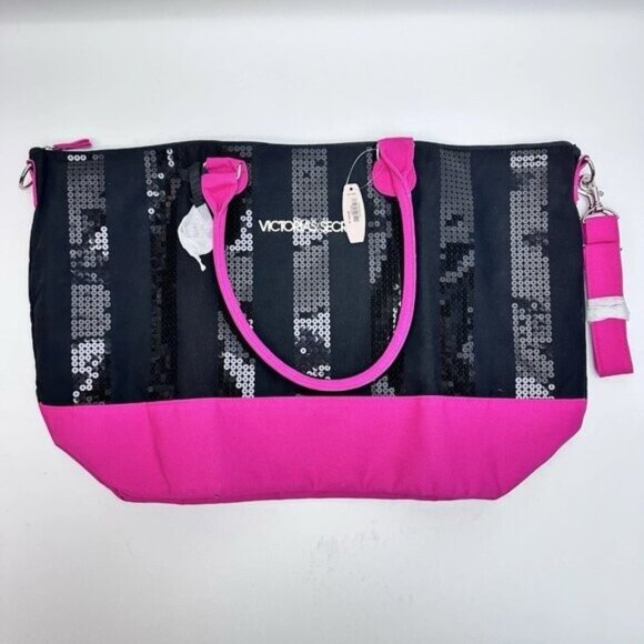 Victoria's Secret Bling Black Sequin & Pink Weekender Large Tote Bag - NWT - Picture 1 of 9
